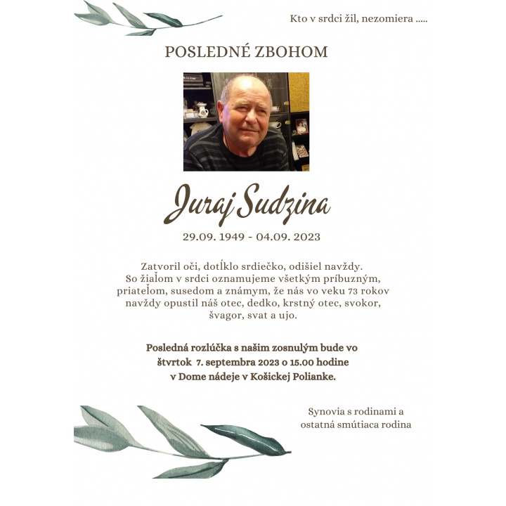 Oznámenie o úmrtí - Juraj Sudzina
